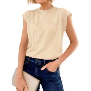 imageCicy Bell Womens Cap Sleeve Cotton Tank Tops Summer Casual Loose Fit T Shirts Crew Neck Basic TeeApricot