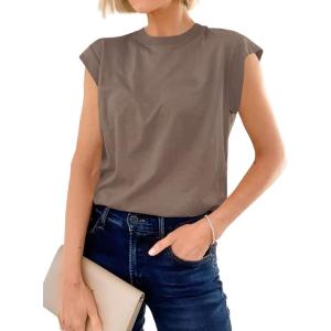 imageCicy Bell Womens Cap Sleeve Cotton Tank Tops Summer Casual Loose Fit T Shirts Crew Neck Basic TeeBrown