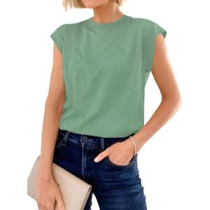 imageCicy Bell Womens Cap Sleeve Cotton Tank Tops Summer Casual Loose Fit T Shirts Crew Neck Basic TeeGreen