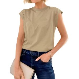 imageCicy Bell Womens Cap Sleeve Cotton Tank Tops Summer Casual Loose Fit T Shirts Crew Neck Basic TeeKhaki
