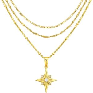 imageCicy Bell Womens Four Point Star Layered Necklaces 18k Gold Plated Stackable Pendant Necklace Cubic Zirconia Long Necklace Sets Good Luck Trend Jewelry GiftYellow Gold