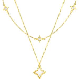 imageCicy Bell Womens Four Point Star Necklace Sets Double Layer Chain 18k Gold Plated Cubic Zirconia Mother of Pearl Lucky Pendant NecklaceGold
