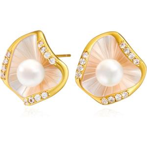 imageCicy Bell 18k Gold Plated Earrings for Women Cubic Zirconia Shell Pearl Elegant Irregular Stud Earrings for GiftsGold
