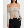 imageCicy Bell Womens Off The Shoulder Tops Cute Long Sleeve Slim Fit Ribbed Ruched Shirt 2024 Fall Y2k ClothesApricot