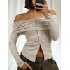 imageCicy Bell Womens Off The Shoulder Tops Cute Long Sleeve Slim Fit Ribbed Ruched Shirt 2024 Fall Y2k ClothesApricot