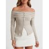 imageCicy Bell Womens Off The Shoulder Tops Cute Long Sleeve Slim Fit Ribbed Ruched Shirt 2024 Fall Y2k ClothesApricot