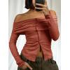 imageCicy Bell Womens Off The Shoulder Tops Cute Long Sleeve Slim Fit Ribbed Ruched Shirt 2024 Fall Y2k ClothesBrick Red