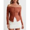 imageCicy Bell Womens Off The Shoulder Tops Cute Long Sleeve Slim Fit Ribbed Ruched Shirt 2024 Fall Y2k ClothesBrick Red