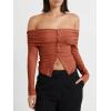 imageCicy Bell Womens Off The Shoulder Tops Cute Long Sleeve Slim Fit Ribbed Ruched Shirt 2024 Fall Y2k ClothesBrick Red