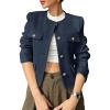 imageCicy Bell Womens Cropped Tweed Blazer Jackets Collarless Button Down Business Casual Outfits with PocketsNavy