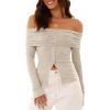 imageCicy Bell Womens Off The Shoulder Tops Cute Long Sleeve Slim Fit Ribbed Ruched Shirt 2024 Fall Y2k ClothesApricot