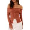 imageCicy Bell Womens Off The Shoulder Tops Cute Long Sleeve Slim Fit Ribbed Ruched Shirt 2024 Fall Y2k ClothesBrick Red