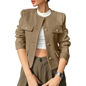 imageCicy Bell Womens Cropped Tweed Blazer Jackets Collarless Button Down Business Casual Outfits with PocketsLight Brown