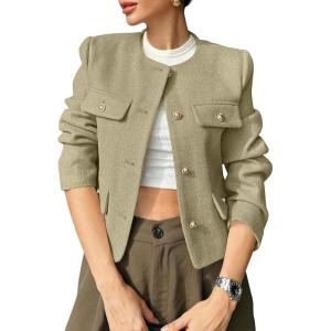 imageCicy Bell Womens Cropped Tweed Blazer Jackets Collarless Button Down Business Casual Outfits with PocketsLight Green