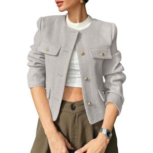 imageCicy Bell Womens Cropped Tweed Blazer Jackets Collarless Button Down Business Casual Outfits with PocketsLight Grey