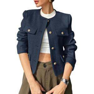 imageCicy Bell Womens Cropped Tweed Blazer Jackets Collarless Button Down Business Casual Outfits with PocketsNavy