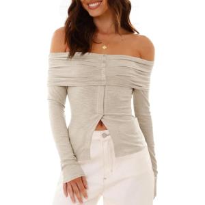 imageCicy Bell Womens Off The Shoulder Tops Cute Long Sleeve Slim Fit Ribbed Ruched Shirt 2024 Fall Y2k ClothesApricot
