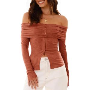 imageCicy Bell Womens Off The Shoulder Tops Cute Long Sleeve Slim Fit Ribbed Ruched Shirt 2024 Fall Y2k ClothesBrick Red