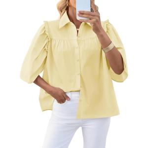 imageCicy Bell Womens Summer Button Down Shirts Short Ruffle Puff Sleeve Cotton Blouses Dressy Casual Ladies TopsLight Yellow