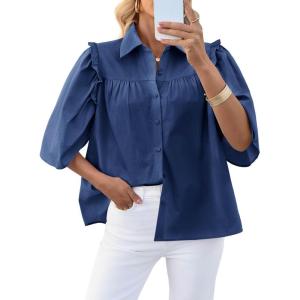 imageCicy Bell Womens Summer Button Down Shirts Short Ruffle Puff Sleeve Cotton Blouses Dressy Casual Ladies TopsNavy