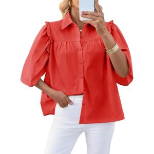 imageCicy Bell Womens Summer Button Down Shirts Short Ruffle Puff Sleeve Cotton Blouses Dressy Casual Ladies TopsOrange Red