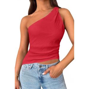 imageCicy Bell Womens One Shoulder Tank Tops Summer Going Out Tops Ruched Asymmetrical Sleeveless ShirtsRed
