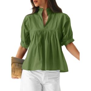 imageCicy Bell Womens Puff Sleeve V Neck Blouse Babydoll Peplum Tops Dressy Casual Pleated Loose Fit ShirtsOlive Green