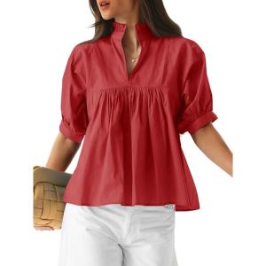 imageCicy Bell Womens Puff Sleeve V Neck Blouse Babydoll Peplum Tops Dressy Casual Pleated Loose Fit ShirtsRed