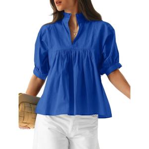 imageCicy Bell Womens Puff Sleeve V Neck Blouse Babydoll Peplum Tops Dressy Casual Pleated Loose Fit ShirtsRoyal Blue