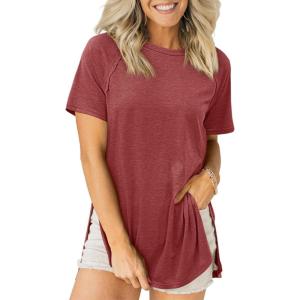 imageCicy Bell Womens Short Sleeve Tunic Tops Summer Crew Neck Side Split T Shirts Casual Loose Fit Basic Tees ShirtsRed