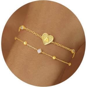 imageCicy Bell Gold Initial Bracelets for Women Dainty 18K Gold Plated Layered Cubic Zirconia Bracelet Personalized 26 Alphabet Monogram Charm BraceletStyle 1AGold