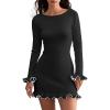 imageCicy Bell Womens Ruffle Long Sleeve Mini Dress Bodycon Boat Neck Ribbed Knit Sweater Dresses Elegant OutfitsBlack