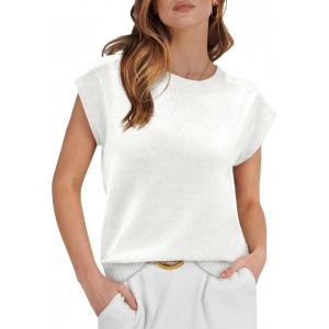 imageCicy Bell Womens Cap Sleeve Sweater Vest Summer Casual Sleeveless Knit Tank Tops Loose Fit Crew Neck Shirts PulloverWhite