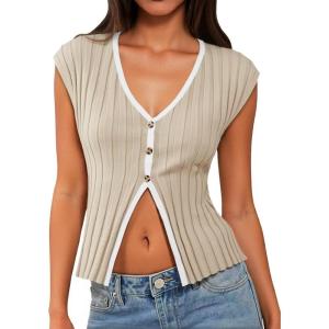 imageCicy Bell Womens Cute Going Out Tops Ribbed Button Up Tank Tops Cap Sleeve Sweater Vest Summer Sexy OutfitsBeige