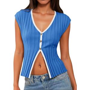 imageCicy Bell Womens Cute Going Out Tops Ribbed Button Up Tank Tops Cap Sleeve Sweater Vest Summer Sexy OutfitsBlue