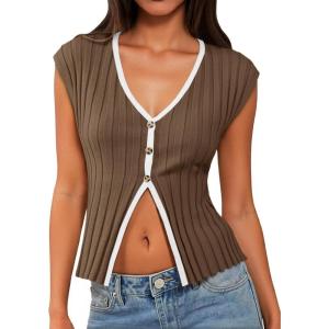 imageCicy Bell Womens Cute Going Out Tops Ribbed Button Up Tank Tops Cap Sleeve Sweater Vest Summer Sexy OutfitsCoffee