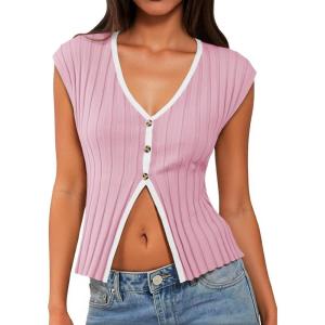 imageCicy Bell Womens Cute Going Out Tops Ribbed Button Up Tank Tops Cap Sleeve Sweater Vest Summer Sexy OutfitsPink