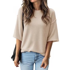 imageCicy Bell Womens Oversized Sweaters 34 Sleeve Summer Casual Knitted Tops Crewneck Lightweight Loose Pullover BlousesApricot