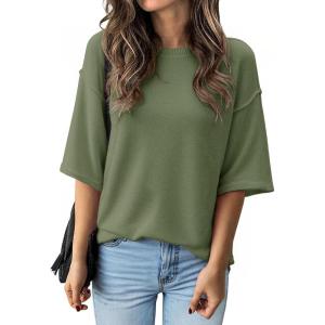 imageCicy Bell Womens Oversized Sweaters 34 Sleeve Summer Casual Knitted Tops Crewneck Lightweight Loose Pullover BlousesArmy Green