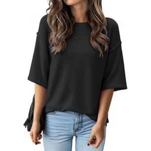 imageCicy Bell Womens Oversized Sweaters 34 Sleeve Summer Casual Knitted Tops Crewneck Lightweight Loose Pullover BlousesBlack