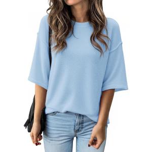 imageCicy Bell Womens Oversized Sweaters 34 Sleeve Summer Casual Knitted Tops Crewneck Lightweight Loose Pullover BlousesSky Blue