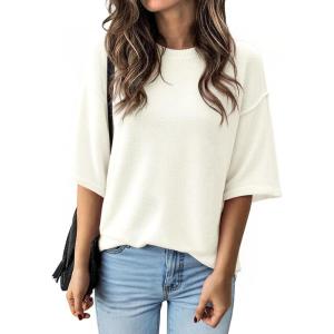 imageCicy Bell Womens Oversized Sweaters 34 Sleeve Summer Casual Knitted Tops Crewneck Lightweight Loose Pullover BlousesWhite