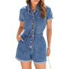 imageCicy Bell Womens Short Sleeve Denim Rompers Cotton Utility Button Up Elastic Waist Short JumpsuitsBlue