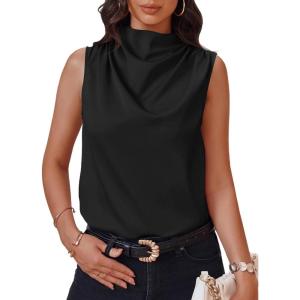 imageCicy Bell Womens Mock Neck Satin Tank Tops Business Casual Work Ruched Blouses Summer Corporate OutfitsBlack