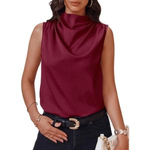imageCicy Bell Womens Mock Neck Satin Tank Tops Business Casual Work Ruched Blouses Summer Corporate OutfitsBurgundy