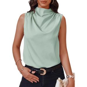 imageCicy Bell Womens Mock Neck Satin Tank Tops Business Casual Work Ruched Blouses Summer Corporate OutfitsCyan Blue