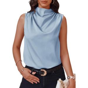 imageCicy Bell Womens Mock Neck Satin Tank Tops Business Casual Work Ruched Blouses Summer Corporate OutfitsLight Blue