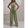 imageCicy Bell Womens 2 Piece Outfits V Neck Tie Waist Blazer Vest and Wide Leg Business Casual Suit Pants SetsGreen