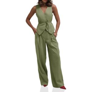 imageCicy Bell Womens 2 Piece Outfits V Neck Tie Waist Blazer Vest and Wide Leg Business Casual Suit Pants SetsGreen