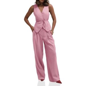 imageCicy Bell Womens 2 Piece Outfits V Neck Tie Waist Blazer Vest and Wide Leg Business Casual Suit Pants SetsLight Pink